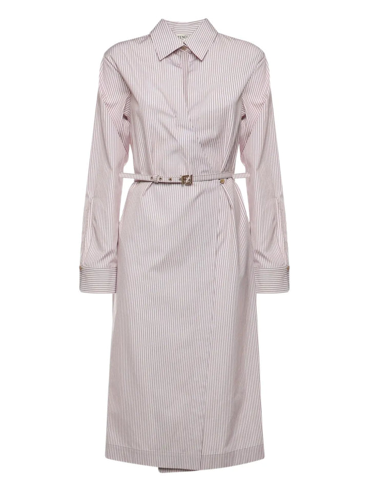 Fendi Striped Belted Midi Dress — Beige — Size M — Front View