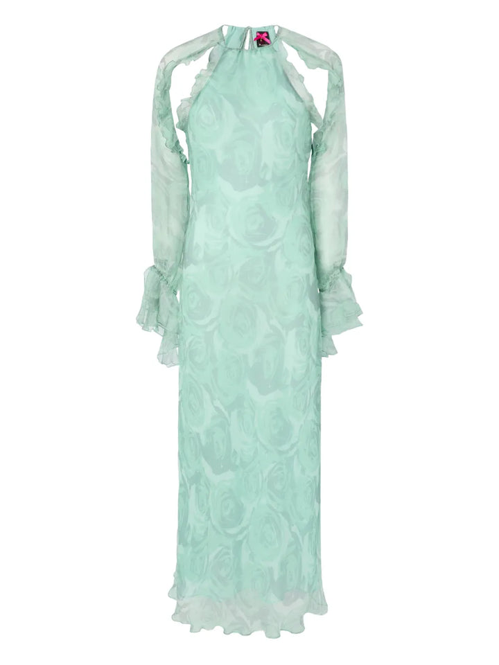 Pinko Ruffled Floral Silk Dress — Green/ Pink — Size XS — Front View
