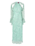 Pinko Ruffled Floral Silk Dress — Green/ Pink — Size XS — Front View