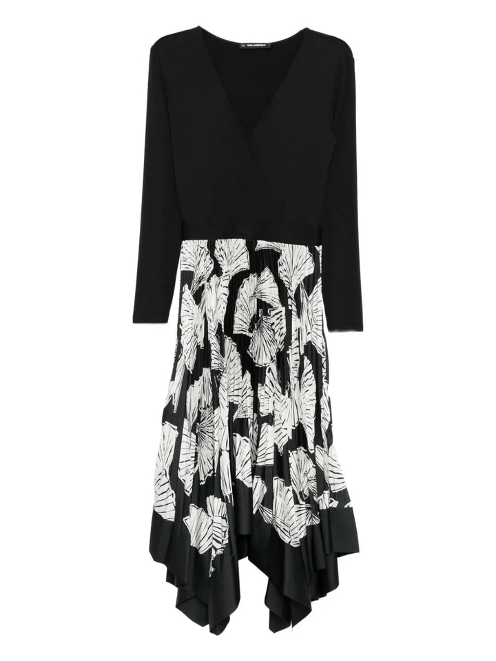 Karl Lagerfeld Floral Pleated Dress — Black — Size S — Front View