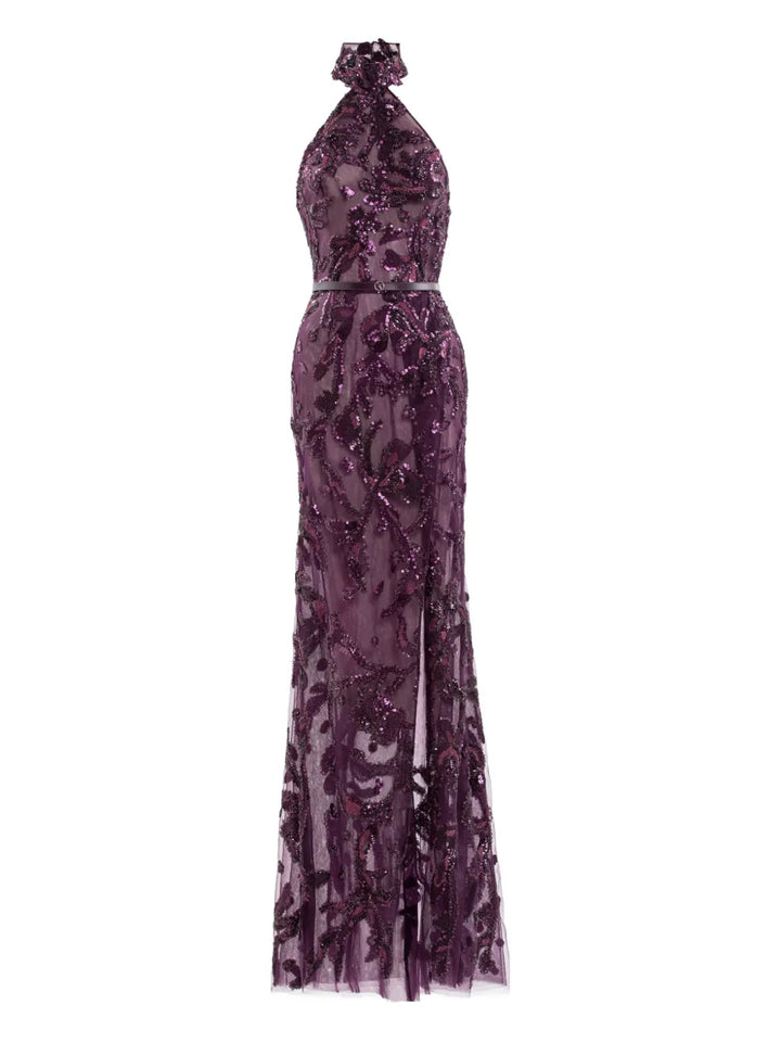 Saiid Kobeisy Halter Neck Maxi Dress — Purple — Size XS — Front View