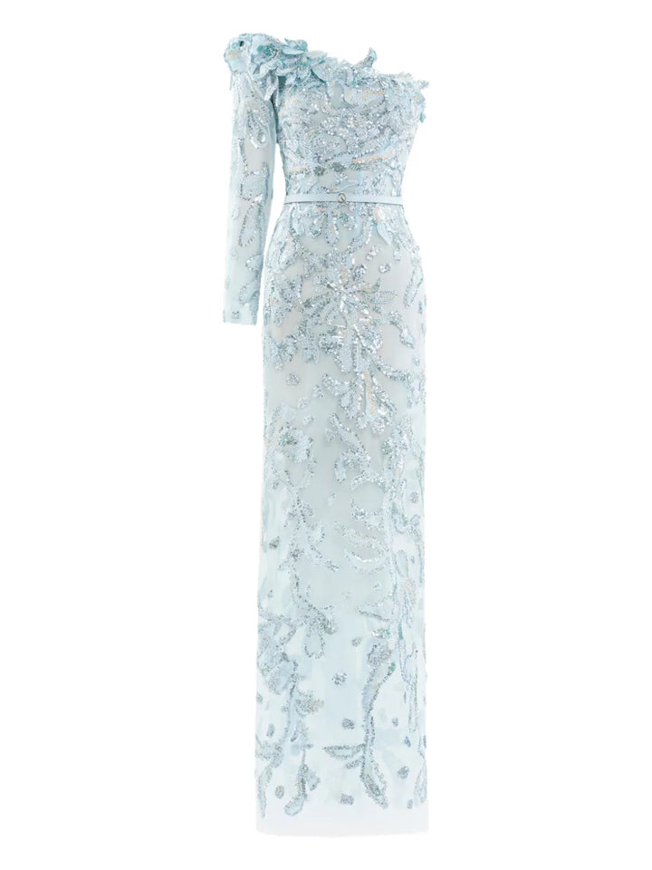 Saiid Kobeisy One Shoulder Embroidered Maxi Dress — Blue/ Red — Size XS — Front View
