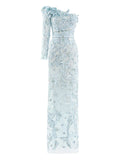 Saiid Kobeisy One Shoulder Embroidered Maxi Dress — Blue/ Red — Size XS — Front View