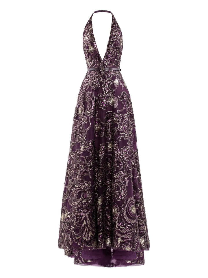 Saiid Kobeisy Embroidered Maxi Dress — Red/ Purple — Size XS — Front View