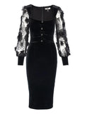Nissa Flower Embellished Button Midi Dress — Black/ Red — Size S — Front View