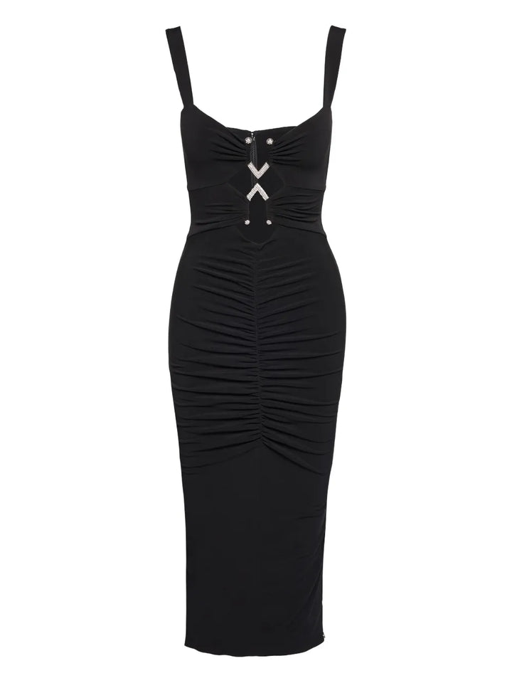 Nissa Embellished Ruched Midi Dress — Black — Size S — Front View