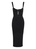 Nissa Embellished Ruched Midi Dress — Black — Size S — Front View