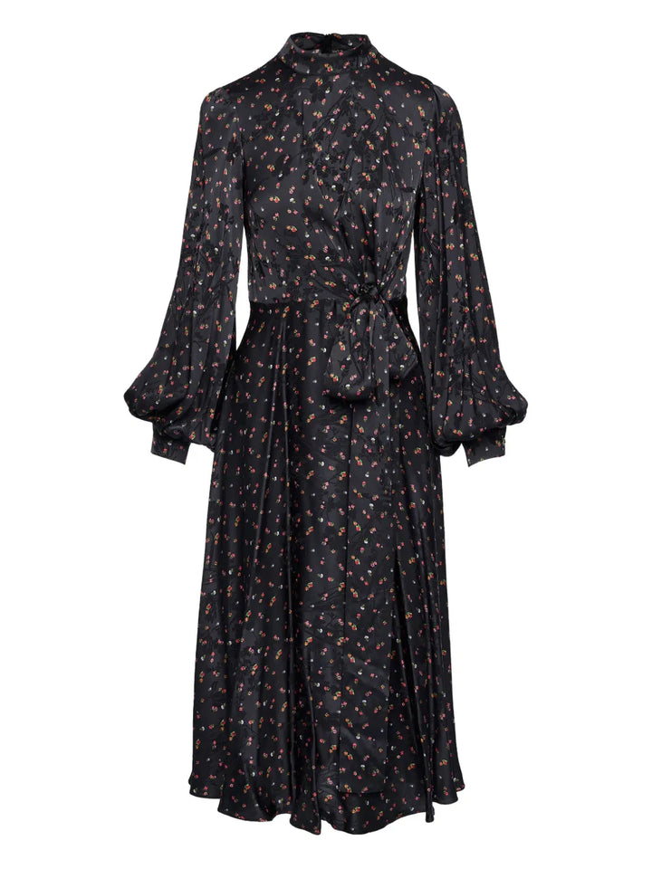 Nissa Printed Tie Detail Midi Dress — Black — Size S — Front View