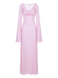 Manuri V Neck Long Sleeve Maxi Dress — Red/ Pink — Size XS — Front View