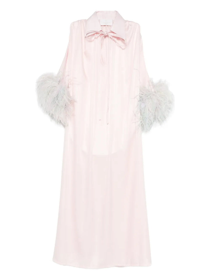 Reem Al Dhaheri Feather Trim Kaftan — Tan/ Pink — Size S — Front View