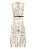 Max Mara Printed Belted Midi Dress — White/ Ivory — Size S — Front View