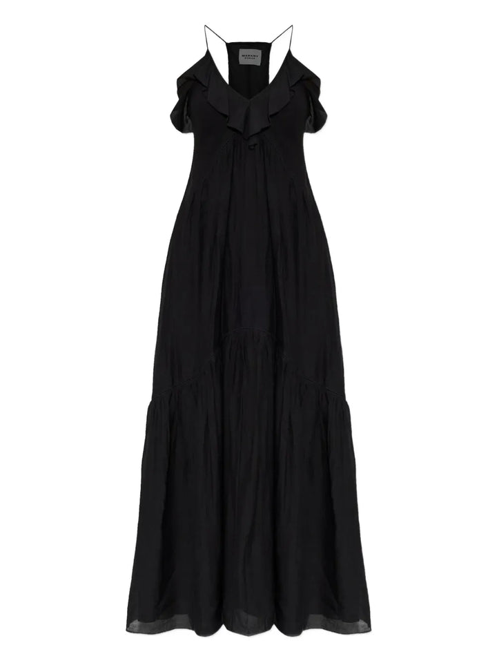 Marant Etoile Ruffled V Neck Dress — Black/ Red — Size XS — Front View