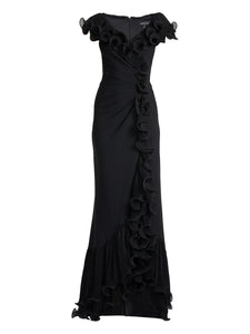 Tadashi Shoji Ruffled Pleated Maxi Dress — Black — Size XS — Front View