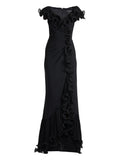 Tadashi Shoji Ruffled Pleated Maxi Dress — Black — Size XS — Front View