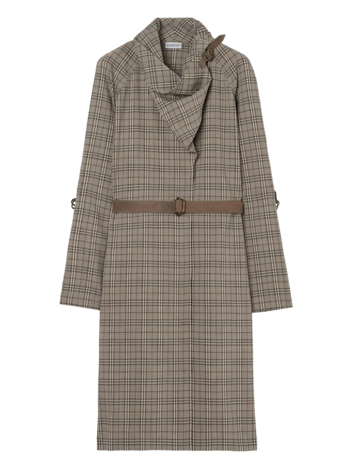 Burberry Scarf Collar Checked Mini Dress — Grey — Size XS — Front View