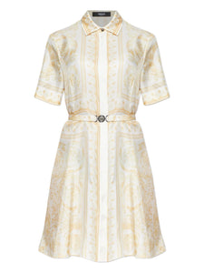 Versace Belted Print Mini Dress — Beige/ White — Size S — Front View