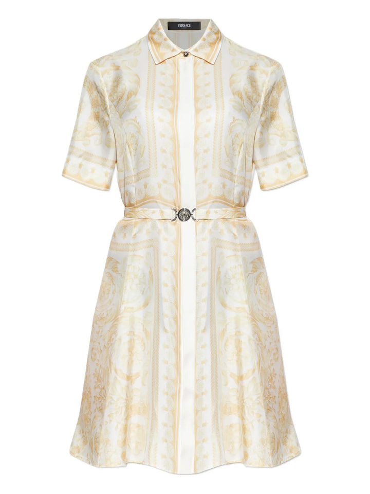 Versace Belted Print Mini Dress — Beige/ White — Size S — Front View