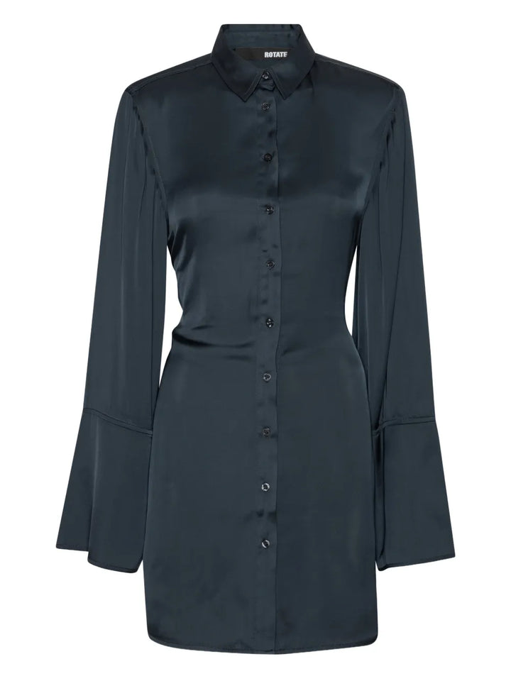 Rotate Birger Christensen Satin Tie Mini Shirt Dress — Blue/ Navy — Size L — Front View