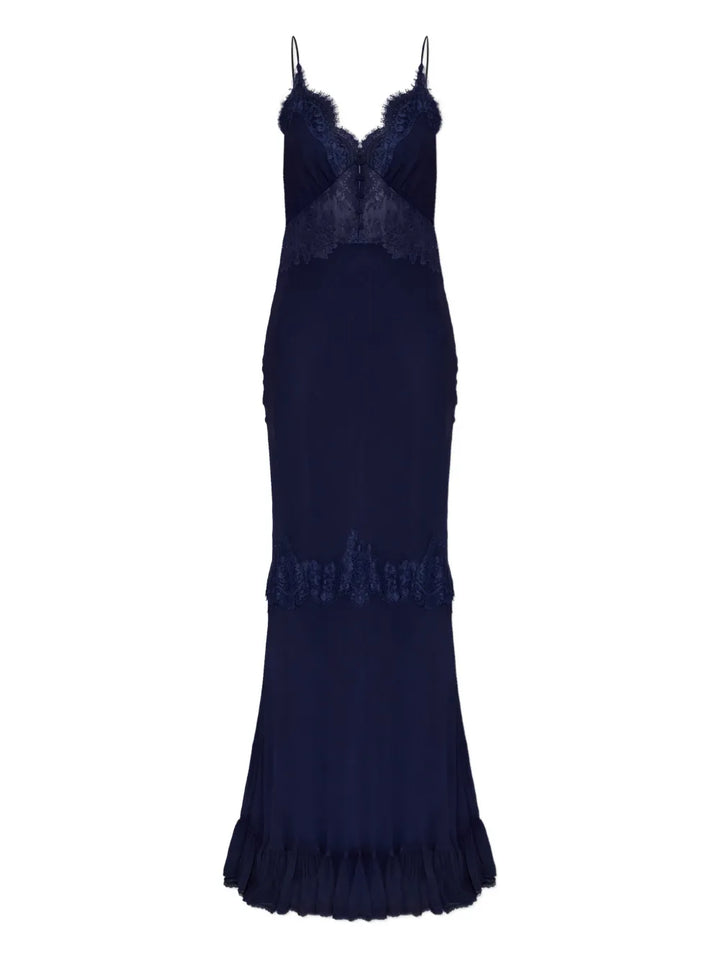 Self Portrait Lace Ruffled Maxi Dress — Blue/ Navy — Size XS — Front View