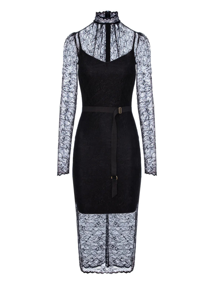 Murmur Mist Lace Belted Midi Dress — Black — Size XS — Front View