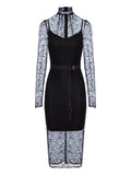 Murmur Mist Lace Belted Midi Dress — Black — Size XS — Front View
