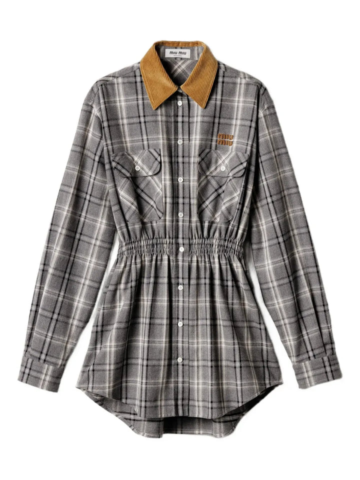 Miu Miu Buttoned Check Pattern Mini Dress — Grey — Size XS — Front View