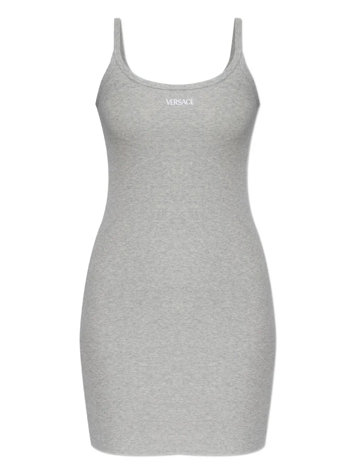 Versace Logo Ribbed Dress — Grey — Size XL — Front View