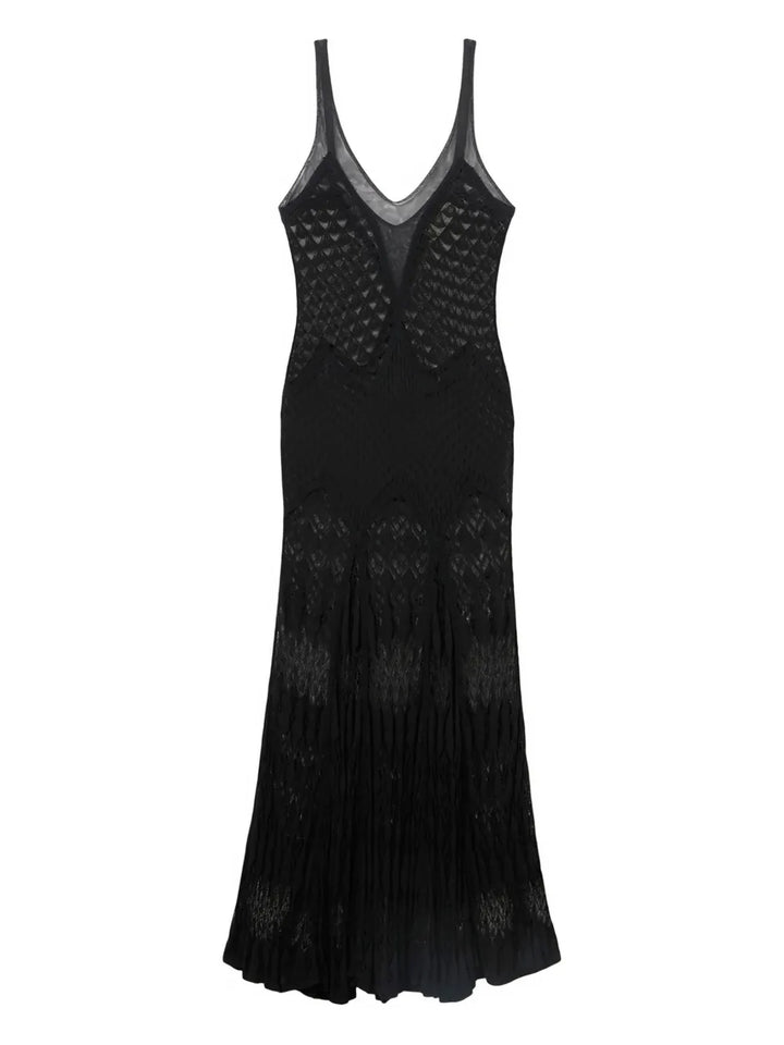 Blumarine Patterned V Neck Maxi Dress — Black — Size S — Front View