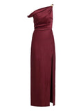 Aje Bridgette Asymmetric Shoulder Slit Midi Dress — Gold — Size L — Front View