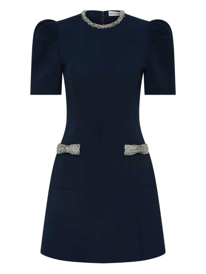 Rebecca Vallance Nemy Embellished Puff Sleeve Mini Dress — Blue/ Navy — Size XS — Front View