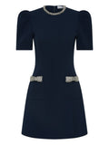 Rebecca Vallance Nemy Embellished Puff Sleeve Mini Dress — Blue/ Navy — Size XS — Front View
