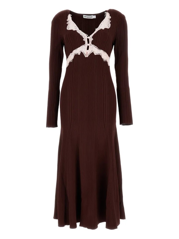 Self Portrait Ribbed Lace A Line Dress — Brown — Size XS — Front View