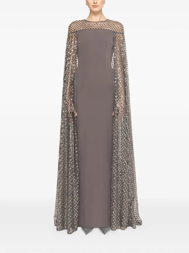 Nissa Sequined Cape Maxi Dress — Grey — Size XS — Front View