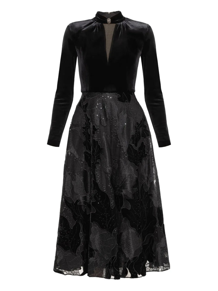 Nissa Embroidered Velvet Midi Dress — Black/ Red — Size L — Front View