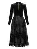 Nissa Embroidered Velvet Midi Dress — Black/ Red — Size L — Front View