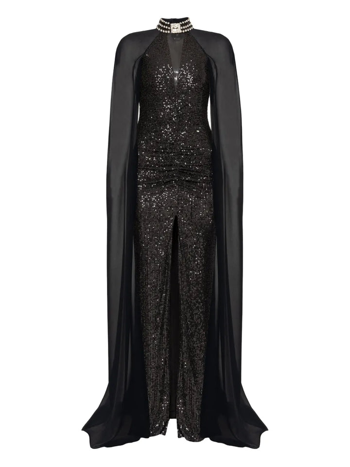 Nissa Sequined Cape Gown — Black — Size XS — Front View
