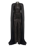 Nissa Sequined Cape Gown — Black — Size XS — Front View