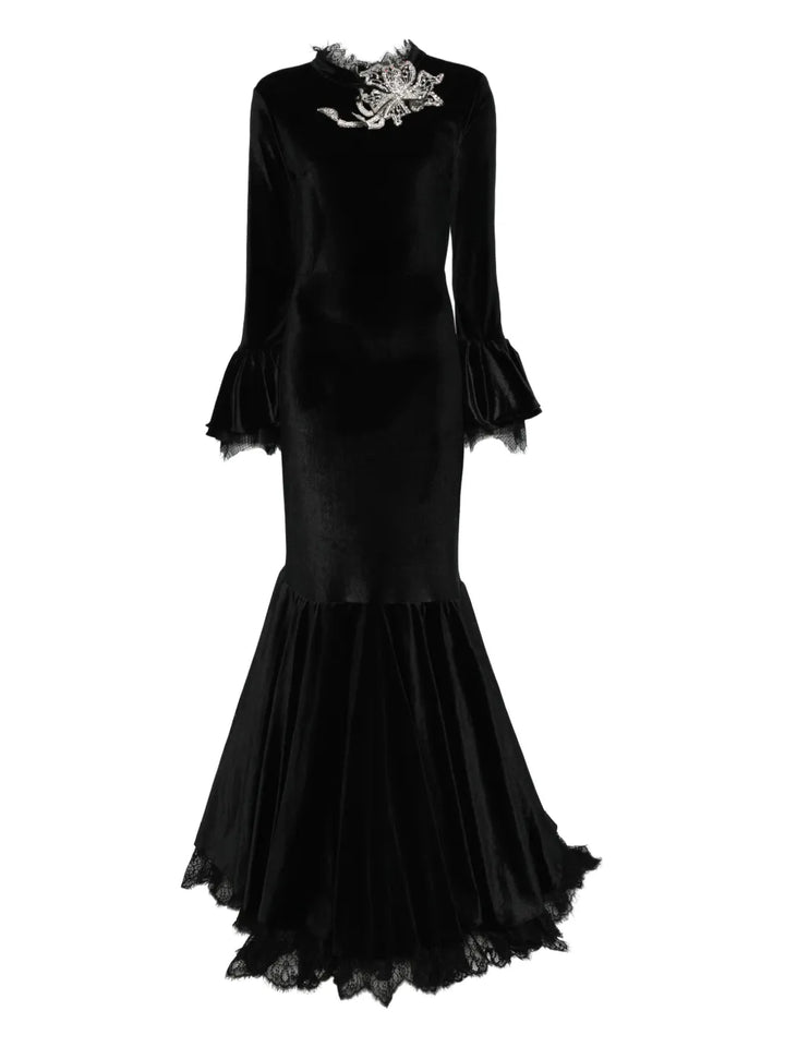 Miau By Clara Rotescu Bell Sleeve Embellished Maxi Dress — Black — Size XS — Front View