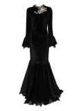 Miau By Clara Rotescu Bell Sleeve Embellished Maxi Dress — Black — Size XS — Front View