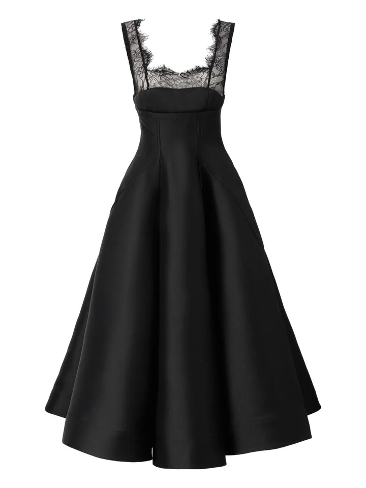 Araftu Lace Detail Flared Midi Dress — Black/ Red — Size XS — Front View