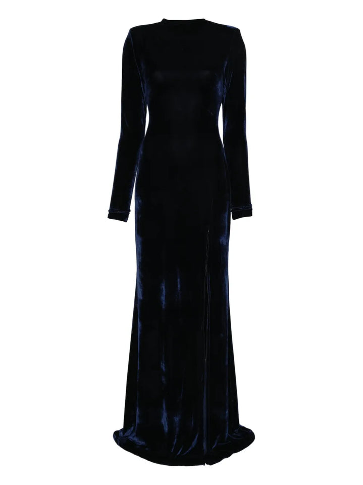 Miau By Clara Rotescu Long Sleeve Slit Maxi Dress — Blue/ Navy — Size S — Front View