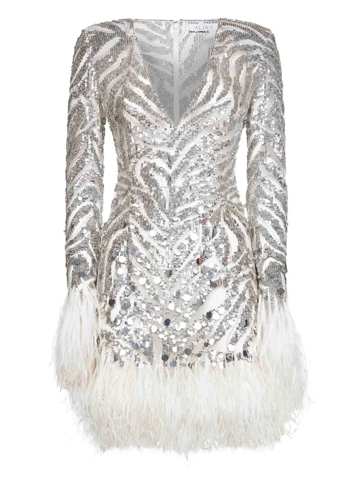 Alina Sequin Feather Embroidered Dress — Grey/ Red — Size XS — Front View