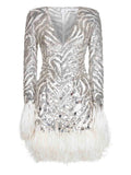 Alina Sequin Feather Embroidered Dress — Grey/ Red — Size XS — Front View