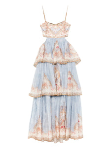 Zimmermann Daylight Tiered Floral Print Maxi Dress — Blue/ Red — Size XS — Front View