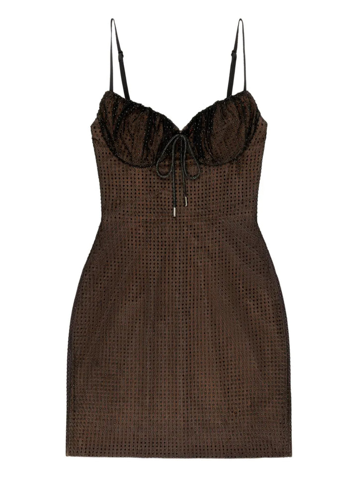 Area Crystal Hotfix Mini Dress — Brown — Size S — Front View