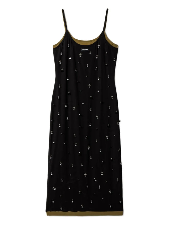 Miu Miu Embroidered Stretch Midi Dress — Black/ Red — Size XS — Front View