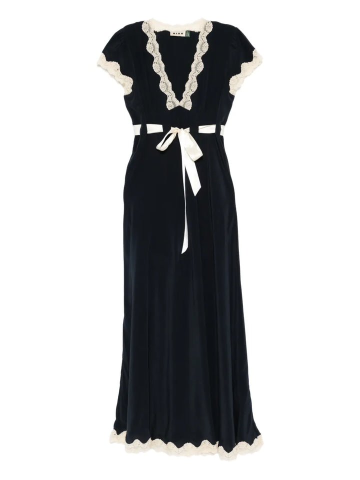 Rixo Marlice Lace Detail Tie Detail Midi Dress — Navy — Size S — Front View