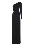 Elisabetta Franchi One Shoulder Cut Out Detail Maxi Dress — Black/ Gold — Size XS — Front View