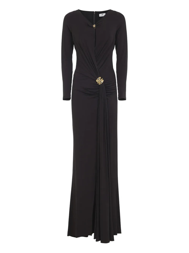 Elisabetta Franchi Draped Detail Maxi Dress — Gold — Size XS — Front View