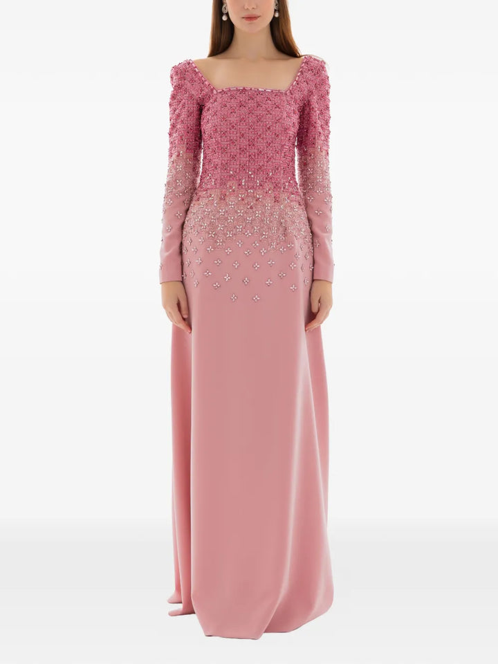 Dina Melwani Crystal Grid Embroidered Gown — Red/ Pink — Size XS — Front View